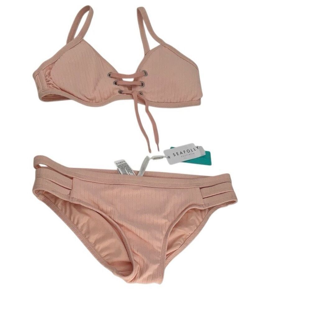 NWT Seafolly Pink Inka Rib Lace Up Bralette Bikini Two Piece Swimsuit Size 14